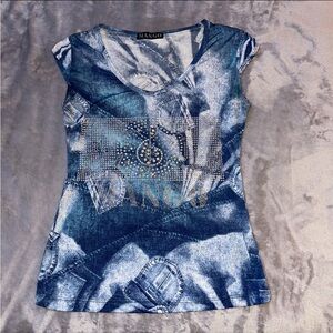 Mango Women's Blue Print Rhinestone Scoop Neck Tee, Top, Short Sleeve, Shirt